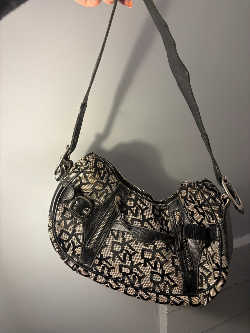 Vintage DKNY Monogram Canvas Shoulder Bag in Black and Cream
